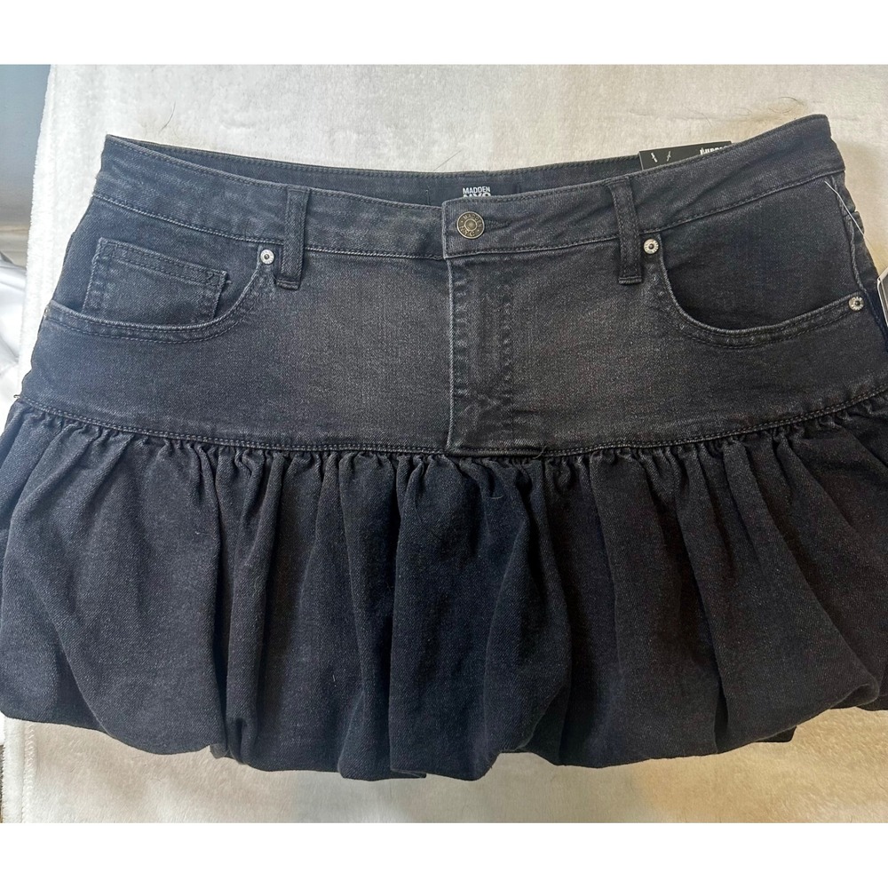 Madden NYC Women Black Denim Bubble Mini Skirt Drop Waist Size L NWT